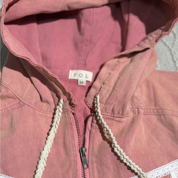 NWOT - POL Pink Distressed Denim Patchwork Jacket with Lace - Picture 6 of 13